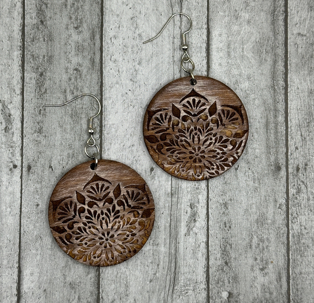 Brown and cream distressed mandala earrings