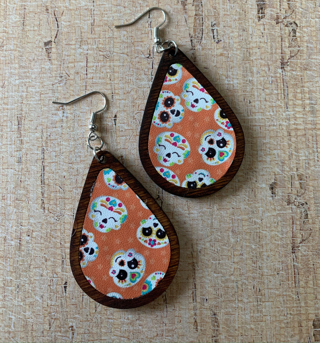 Sugar Skull Teardrop Earrings Orange